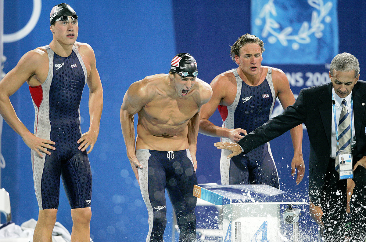 HEAVY MEDALS
The 4x200 gang—Vanderkaay, Phelps and Lochte (above)—cheered Keller all the way to gold in Athens.
